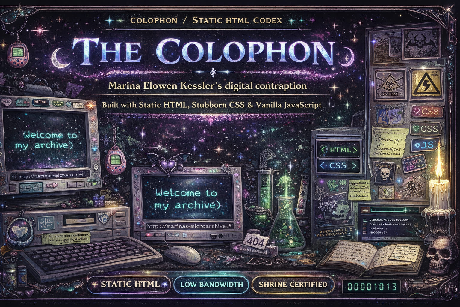 Desk tools, archive materials, and site notes arranged together