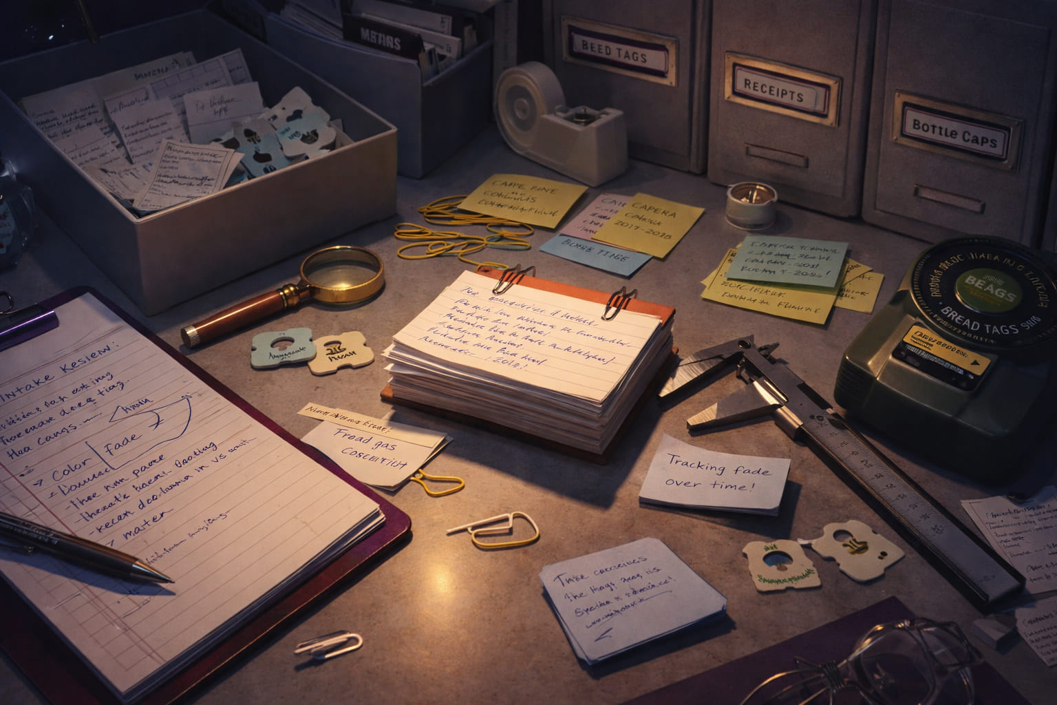 Marina Elowen Kessler's desk surface with intake tray, tools, and notes