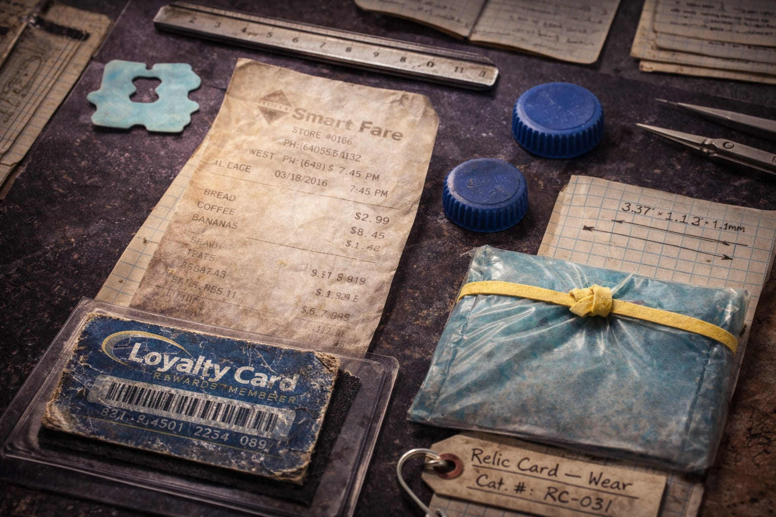 Marina's most-handled comparison objects arranged on a dark desk mat