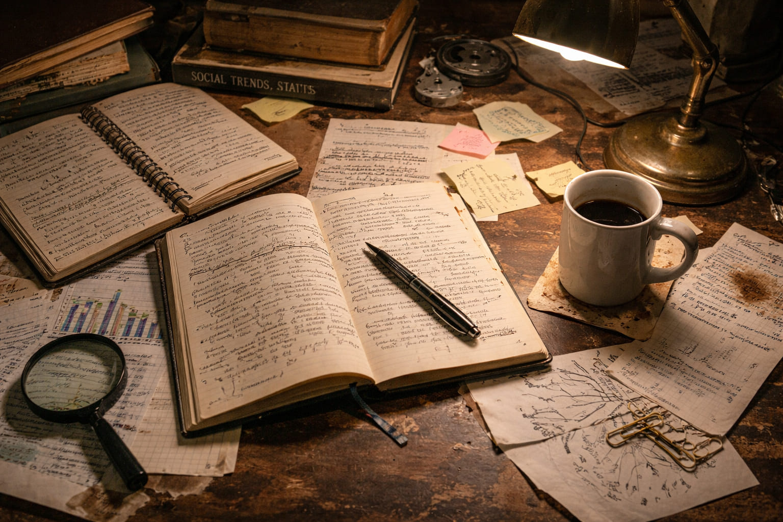 Grouped domestic archive materials arranged beside Marina's note cards
